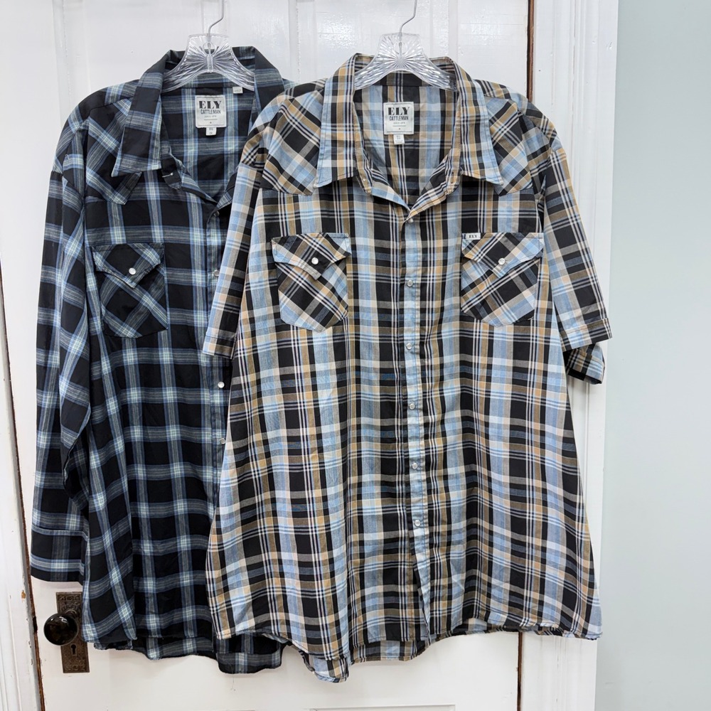 2 NWOT Ely Cattleman Mens Big 3XL Western Pearl Snap Plaid Shirts Long Short